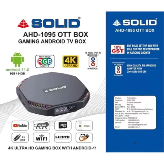 ₹ 11.700 SOLID AHD-1096 8GB/128GB Android 11 TV Box with RG